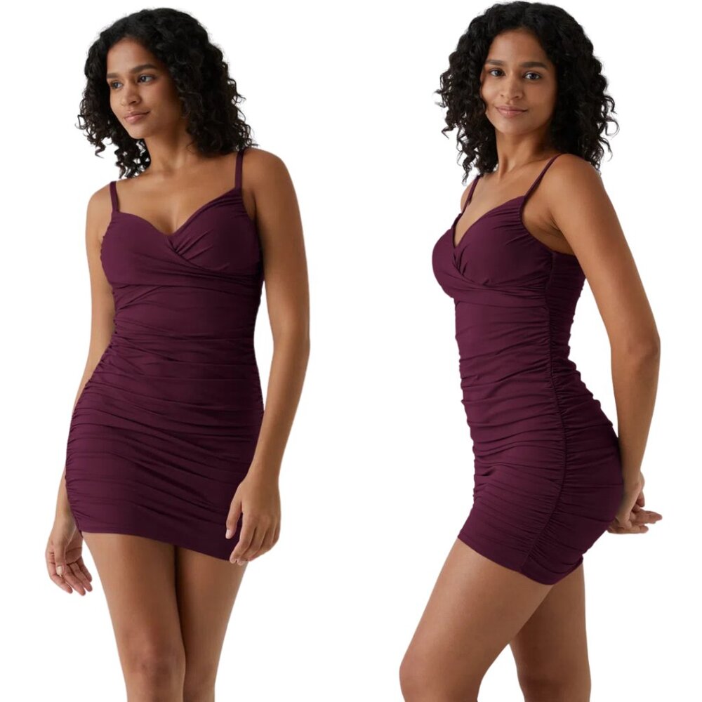 HALARA V Neck Backless Ruched Bodycon Mini Dress Burgundy Small NWT